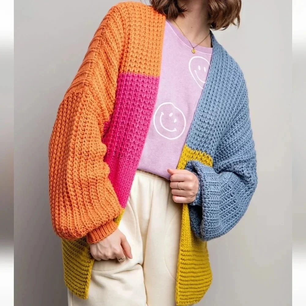 Easel Colorblock Chunky Knit Rainbow Sweater Cardigan New
